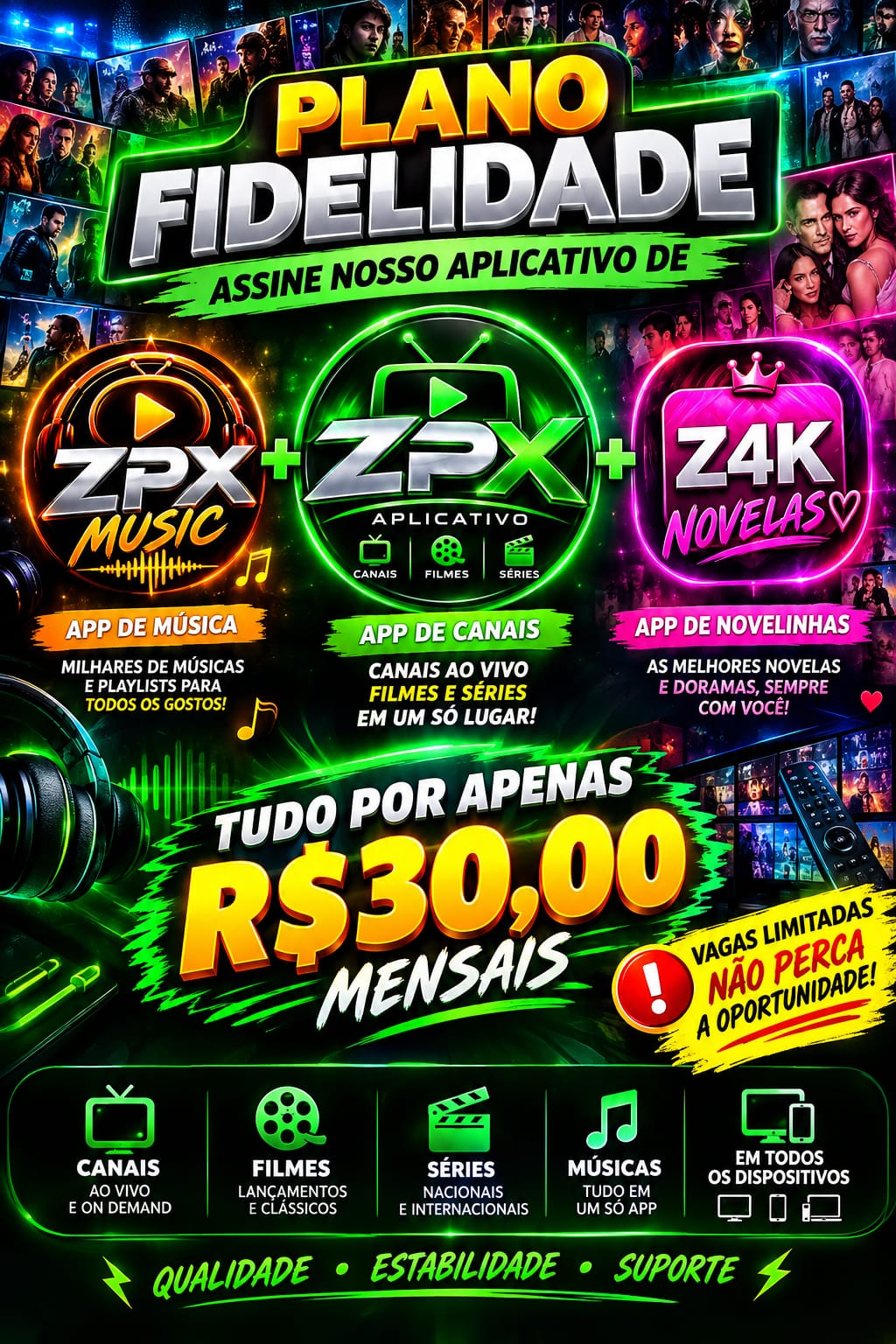 Plano Fidelidade ZENITH4K — App de Música + App de Canais + App de Novelinhas por R$30 por mês